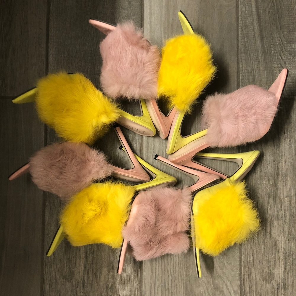 NWT yellow angora fur slide sandal chartreuse pin heel slip on mules brand new - Picture 2 of 11